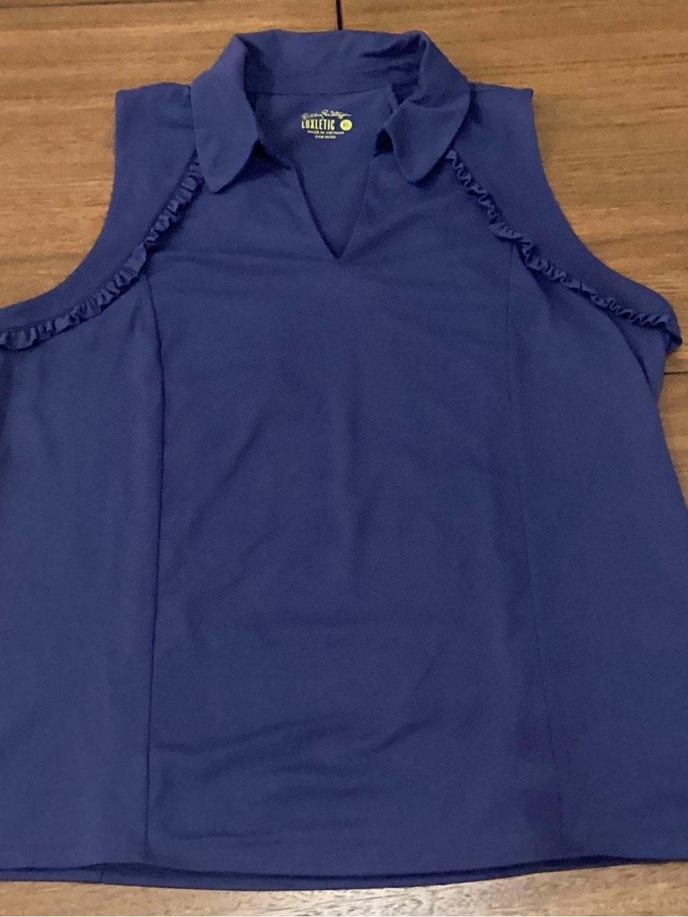Women's Navy Sleeveless Ruffle-Trim Polo Top - Picture 2 of 9